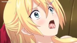 Rule 34 | blonde hair, couch, hair ribbon, light green eyes, long hair, mankitsu happening, mitsuki otona, open mouth, red ribbon, ribbon, saliva, tongue, tongue out, watermark