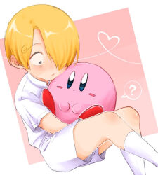Rule 34 | 1boy, ?, aged down, blonde hair, blue eyes, blush, colored skin, commentary, confused, curly eyebrows, feet out of frame, heart, holding, kirby, kirby (series), kurimaron, nintendo, one eye covered, one piece, pants, pink background, pink skin, sanji (one piece), shirt, simple background, sitting, socks, thighhighs, white pants, white shirt, white socks, white thighhighs, wide-eyed