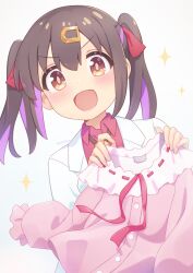 Rule 34 | 1girl, :d, absurdres, black hair, bolo tie, brown eyes, commentary, dot nose, hair between eyes, hair ornament, hair ribbon, hairclip, highres, holding, holding clothes, lab coat, light blush, looking at viewer, medium hair, multicolored hair, onii-chan wa oshimai!, open mouth, oyama mihari, purple hair, red ribbon, red shirt, ribbon, shirt, simple background, smile, solo, sparkle, tokoshibyra, twintails, two-tone hair, white background, wing collar
