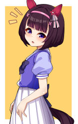 Rule 34 | 1girl, absurdres, animal ears, ao (user xcnx5328), black hair, blush, flat chest, hair between eyes, hair ornament, headband, highres, horse ears, horse girl, horse tail, looking at viewer, nishino flower (umamusume), open mouth, purple eyes, school uniform, simple background, solo, tail, tracen school uniform, umamusume, x hair ornament, yellow background