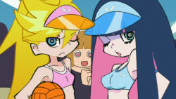 Rule 34 | 3girls, aqua eyes, ball, blonde hair, blue eyes, blue hair, breasts, closed mouth, crop top, flat chest, holding, holding ball, large breasts, multicolored hair, multiple girls, one eye closed, open mouth, panty &amp; stocking with garterbelt, panty (psg), pink hair, ponytail, screencap, stocking (psg), swimsuit, visor cap, volleyball, volleyball (object)
