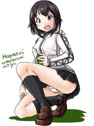 Rule 34 | 10s, 1girl, :o, black hair, black skirt, character name, cup, dated, grey eyes, hayasui (kancolle), holding, holding cup, jacket, kantai collection, kneeling, loafers, looking at viewer, miniskirt, on one knee, panties, pantyshot, pleated skirt, shoes, short hair, skirt, solo, tatsumi ray, track jacket, twitter username, underwear, white background, white panties