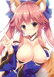 Rule 34 | 10s, 1girl, animal ears, bad id, bad pixiv id, bare shoulders, blue bow, blush, bow, breasts, closed mouth, fate/extra, fate (series), fox ears, fox tail, hair bow, index finger raised, japanese clothes, kimono, large breasts, long hair, looking at viewer, maruchan., nipples, pink hair, simple background, smile, solo, tail, tamamo (fate), tamamo no mae (fate/extra), twintails, white background, wide sleeves, yellow eyes
