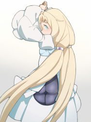 Rule 34 | 1girl, arms up, ass, ass cutout, blonde hair, blue eyes, clothing cutout, dress, eve (gundam build divers re:rise), female focus, from behind, gradient background, gundam, gundam build divers, gundam build divers re:rise, highres, hizaura, long hair, looking back, low twintails, pantyhose, smile, solo, tareme, twintails, white background, white dress