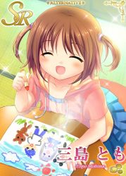Rule 34 | 00s, 1girl, artist request, blush, brown hair, camisole, child, clannad, crayon, drawing, closed eyes, jacket, key (company), mishima tomo, official art, open mouth, paper, short hair, sitting, skirt, smile, solo, table, twintails, two side up