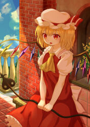 Rule 34 | 1girl, absurdres, ascot, blonde hair, blue sky, cowboy shot, crystal wings, dress, ekaapetto, flandre scarlet, hat, hat ribbon, highres, laevatein (touhou), open mouth, outdoors, red dress, red eyes, red ribbon, ribbon, sky, solo, touhou, white mob cap, yellow ascot