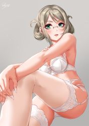 Rule 34 | 1girl, blush, bra, breasts, cleavage, frilled bra, frills, glasses, green eyes, grey background, highres, kantai collection, katori (kancolle), knee up, light brown hair, long hair, looking at viewer, medium breasts, panties, parted bangs, parted lips, sakiyamama, simple background, smile, solo, thighhighs, thighs, underwear, white bra, white panties, white thighhighs