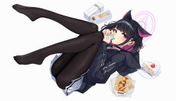 Rule 34 | 1girl, ass, black hair, black jacket, black pantyhose, blue archive, blush, colored inner hair, commentary, extra ears, food, hair ornament, hairclip, holding, holding food, hood, hooded jacket, jacket, kazusa (blue archive), long sleeves, macaron, multicolored hair, pantyhose, parted lips, pink hair, pleated skirt, ranyu, red eyes, short hair, skirt, solo, symbol-only commentary, white skirt