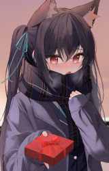 Rule 34 | 1girl, absurdres, animal ears, black hair, blue archive, blue jacket, blue necktie, blue ribbon, blue vest, blush, cat ears, clenched hand, commentary, full-face blush, gift, giving, hair ribbon, highres, holding, holding clothes, holding gift, holding scarf, jacket, long hair, long sleeves, looking at viewer, mane031210, necktie, nervous, open mouth, plaid, plaid scarf, pov, red eyes, red pupils, ribbon, scarf, serika (blue archive), shadow, shirt, sidelocks, solo, standing, sunset, twintails, upper body, vest, white shirt