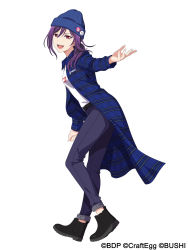 Rule 34 | 1girl, :d, bang dream!, black footwear, black pants, blue cape, blue hat, boots, cape, full body, hair between eyes, hat, highres, leaning forward, long hair, looking at viewer, official art, open mouth, outstretched arm, pants, purple hair, red eyes, seta kaoru, shirt, simple background, smile, solo, standing, striped clothes, striped headwear, white background, white shirt