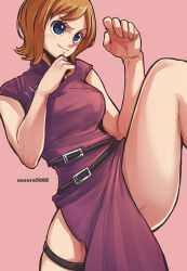 Rule 34 | 1girl, alternate costume, aosora2823, artist name, blue eyes, blush, breasts, china dress, chinese clothes, closed mouth, commentary, dress, eyelashes, feet out of frame, fighting stance, highres, koala (one piece), leg up, medium breasts, one piece, orange hair, parted bangs, pelvic curtain, pink background, purple dress, short hair, short sleeves, simple background, smile, smirk, solo, standing, standing on one leg, thigh strap, thighs, v-shaped eyebrows