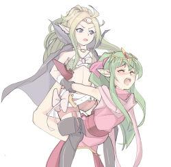 Rule 34 | 2girls, ahoge, blonde hair, blush, boots, cape, dress, closed eyes, fire emblem, fire emblem: mystery of the emblem, fire emblem: shadow dragon and the blade of light, fire emblem awakening, fire emblem heroes, flat chest, gloves, green hair, holding, jaegan, long hair, midriff, multiple girls, nintendo, nowi (fire emblem), open mouth, pointy ears, ponytail, purple eyes, ribbon, scarf, serious, shorts, tears, thighhighs, thighhighs under boots, tiara, tiki (fire emblem), wrestling