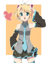 Rule 34 | 1girl, aqua eyes, bad id, bad pixiv id, blonde hair, bow, brother and sister, cosplay, hair bow, hairband, hand on own hip, hatsune miku, hatsune miku (cosplay), heart, kagamine rin, necktie, open mouth, salute, siblings, skirt, solo, thighhighs, twintails, vocaloid, yuzuha (artist), zettai ryouiki