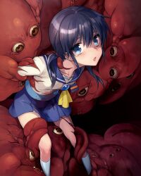 Rule 34 | 1girl, black hair, blue eyes, blue sailor collar, bound, corpse party, highres, kisaragi academy school uniform, looking at viewer, nameplate, ninomotonino, official art, open mouth, pee, restrained, sailor collar, school uniform, shinozaki ayumi, short hair, skirt, socks, solo, tears, twintails, white socks