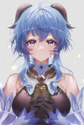 Rule 34 | 1girl, absurdres, ahoge, artist name, bare shoulders, bell, blue hair, breasts, detached sleeves, ganyu (genshin impact), genshin impact, highres, horns, light smile, long hair, looking at viewer, medium breasts, neck bell, own hands clasped, own hands together, purple eyes, sidelocks, skindentation, solo, upper body, utami kinako, white sleeves