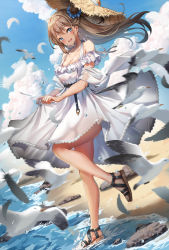 Rule 34 | 1girl, beach, belt, bird, blue eyes, blush, breasts, brown hair, cleavage, day, dress, dutch angle, feathers, from side, hat, highres, long hair, looking at viewer, medium breasts, open mouth, original, outdoors, sandals, skirt hold, solo, straw hat, sundress, wind, wind lift, yu ni t