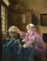 Rule 34 | 1girl, bad id, bad pixiv id, book, bow, capelet, chair, colored eyelashes, crescent, cupboard, dress, fine art parody, globe, hair bow, haru akira, hat, highres, indoors, long hair, long sleeves, mob cap, parody, patchouli knowledge, profile, purple eyes, purple hair, sitting, solo, the astronomer, touhou, wide sleeves