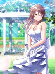 Rule 34 | 1girl, absurdres, bare shoulders, blurry, blurry background, blush, breasts, brown hair, cleavage, commentary request, day, depth of field, dress, falling petals, floating hair, gloves, highres, idolmaster, idolmaster cinderella girls, jewelry, light rays, long hair, looking at viewer, medium breasts, mifune miyu, necklace, outdoors, petals, smile, solo, very long hair, wedding dress, white dress, white gloves, yuudachi (yu datip)