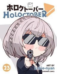 Rule 34 | 1girl, aiming, aiming at viewer, alternate costume, artist name, artist self-insert, blush, braid, breasts, cleavage, closed mouth, cover, crown braid, fake cover, formal, grey hair, gun, handgun, highres, hololive, kukie-nyan, looking at viewer, medium breasts, page number, parody, pointing weapon, shirogane noel, short hair, simple background, solo, suit, sunglasses, title, title parody, unbuttoned, unbuttoned shirt, virtual youtuber, weapon