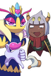 Rule 34 | 1boy, 1girl, antennae, cape, caramelpopcoms2, eyeshadow, fangs, gloves, green cape, grey hair, heart hands failure, kirby: triple deluxe, kirby (series), looking at viewer, makeup, nintendo, open mouth, pink eyeshadow, purple eyes, queen sectonia, rayman limbs, red scarf, scarf, simple background, taranza, tears, thumbs down, white background, white eyes, white gloves