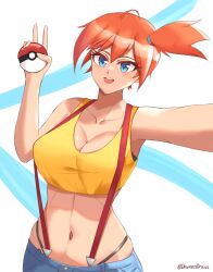 Rule 34 | 1girl, abs, asymmetrical hair, blue eyes, breasts, cleavage, creatures (company), daymandraws, eyelashes, game freak, green shorts, hair tie, hand up, highres, holding, holding poke ball, large breasts, legs, looking at viewer, misty (pokemon), muscular, navel, nintendo, orange hair, outstretched arms, poke ball, poke ball (basic), pokemon, pokemon (anime), pokemon (classic anime), ponytail, shirt, shorts, side ponytail, simple background, sleeveless, sleeveless shirt, solo, source request, spread arms, suspenders, thighs, thong, tongue, v, yellow shirt