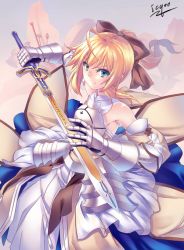 Rule 34 | 1girl, ahoge, armor, armored dress, artoria pendragon (fate), bad id, bad pixiv id, bare shoulders, blonde hair, bow, caliburn (fate), capcom, detached sleeves, dress, fate/stay night, fate/unlimited codes, fate (series), gauntlets, green eyes, hair bow, icqoo, long hair, ponytail, saber (fate), saber lily, signature, solo, sword, weapon