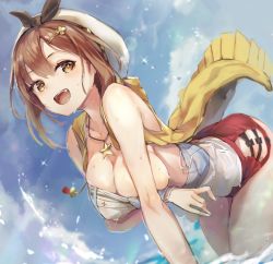 Rule 34 | 1girl, :d, atelier (series), atelier ryza, atelier ryza 1, bare shoulders, breasts, brown eyes, brown hair, commentary request, cruel gz, hair ornament, hairclip, hat, highres, jewelry, large breasts, looking at viewer, necklace, necktie, open mouth, partially submerged, red shorts, reisalin stout, short hair, short shorts, shorts, smile, solo, star (symbol), teeth, thighs, upper teeth only, wading, water, wet, white hat