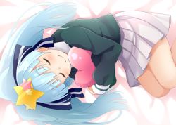 Rule 34 | 10s, 1girl, bed sheet, blue bow, blue hair, blush, bow, closed eyes, closed mouth, commentary request, facing viewer, female focus, green shirt, hair bow, heart, hoshikawa lily, long sleeves, lying, maccha, on side, pleated skirt, shirt, skirt, smile, solo, star (symbol), striped, striped bow, twintails, white skirt, zombie land saga
