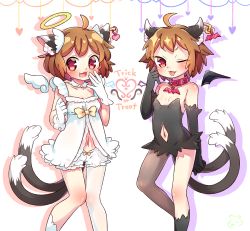 Rule 34 | 2girls, :3, :d, ;p, \||/, ahoge, alternate costume, animal ear fluff, animal ears, bare shoulders, bat ornament, bat wings, black dress, black gloves, bloomers, blush, breasts, brown hair, cat ears, cat tail, chen, clothing cutout, collar, collarbone, commentary request, contrapposto, detached wings, dress, drop shadow, elbow gloves, fang, feet out of frame, foot out of frame, gloves, halloween, halo, hand up, highres, ibaraki natou, knees together feet apart, looking at viewer, multiple girls, multiple tails, navel cutout, no headwear, no headwear, one eye closed, open mouth, pink eyes, short hair, simple background, small breasts, smile, standing, tail, tongue, tongue out, touhou, two tails, underwear, v-shaped eyebrows, white background, white dress, white gloves, wings