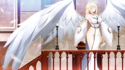 Rule 34 | 1girl, absurdres, angel, angel wings, bare shoulders, blonde hair, braid, breasts, candle, cleavage, commentary, detached sleeves, dress, english commentary, existence, closed eyes, feathered wings, feathers, french braid, game cg, hair between eyes, highres, indoors, large wings, long hair, open mouth, outstretched arms, rhea (existence), sideless outfit, sidelocks, solo, standing, uosaasou, white dress, white sleeves, white wings, wings