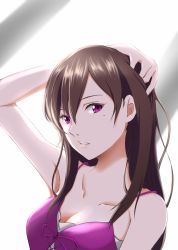 Rule 34 | 1girl, arm up, breasts, brown hair, cleavage, hair between eyes, highres, long hair, medium breasts, mole, mole under eye, parted lips, purple eyes, simple background, solo, suga natsumi, take20131004, tenki no ko, upper body, white background