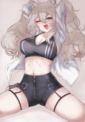 Rule 34 | 1girl, absurdres, animal ear fluff, animal ears, breasts, cleavage, grey eyes, highres, hololive, large breasts, long hair, looking at viewer, midriff, one eye closed, open mouth, shirt, shishiro botan, shishiro botan (button-down), silver hair, smile, solo, sportswear, striped clothes, striped shirt, thigh strap, thighs, tong dang e, virtual youtuber
