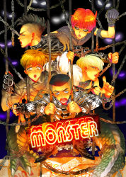 Rule 34 | 5boys, bigbang, black hair, blonde hair, brown hair, cage, chain, chained, chain, daesung, detached sleeves, dragon, g-dragon, gloves, glowing, glowing eyes, harness, horns, k-pop, male focus, mohawk, monster, multiple boys, open mouth, red hair, seungri (bigbang), topless male, single horn, t.o.p (bigbang), taeyang