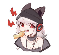 Rule 34 | 1girl, angry, animal ears, arknights, commentary request, dress, ears through headwear, fangs, finger in another&#039;s mouth, fox ears, from above, frostleaf (arknights), headphones, headphones over headwear, highres, long hair, looking at viewer, material growth, off-shoulder dress, off shoulder, open mouth, oripathy lesion (arknights), oversized clothes, red eyes, retxoxt, shout lines, signature, simple background, solo, upper body, white background, white hair, woollen cap