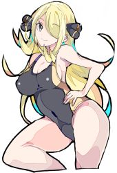 Rule 34 | armpits, bare arms, bare legs, bare shoulders, blonde hair, breasts, cleavage, closed mouth, competition swimsuit, covered erect nipples, covered navel, cowboy shot, creatures (company), cynthia (pokemon), enpe, flipped hair, game freak, graphite (medium), grey eyes, hair ornament, hair over one eye, hand on own hip, highres, leaning to the side, long hair, looking at viewer, medium breasts, nintendo, one-piece swimsuit, outline, parted bangs, pokemon, pokemon dppt, sidelocks, simple background, smile, swimsuit, traditional media, very long hair, white background