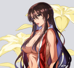 Rule 34 | 1girl, alternate hairstyle, bare arms, bare shoulders, breasts, brown eyes, brown hair, censored, censored nipples, collarbone, convenient censoring, fatal fury, flower, hair down, japanese clothes, large breasts, lips, long hair, looking at viewer, miyo (13th floor), navel, ninja, no bra, open clothes, parted lips, revealing clothes, shiranui mai, simple background, sleeveless, solo, standing, sweat, the king of fighters