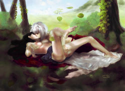 Rule 34 | 1boy, 1girl, animal ears, artist name, barefoot, black hair, blouse, bra, breasts, clothes lift, unworn clothes, clothing aside, couple, dated, dog ears, feet, fingering, grabbing, grabbing another&#039;s breast, hetero, higurashi kagome, inuyasha, inuyasha (character), kiss, leaf, leg lift, legs apart, long hair, meadow, nipples, outdoors, panties, public indecency, pussy, robe, shirt, shoes, skirt, skirt lift, toes, tree, uncensored, underwear, undressing, white hair