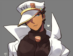 Rule 34 | 1boy, androgyne symbol, black shirt, blue eyes, coat, collarbone, earrings, grey background, hand on own chest, hat, hat over one eye, heart, high collar, jewelry, jojo no kimyou na bouken, kotorai, kuujou joutarou, looking to the side, male focus, parted lips, shirt, signature, solo, white coat, white hat