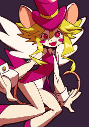Rule 34 | 1girl, absurdres, animal ears, blush stickers, breasts, buttoned cuffs, buttons, green hair, hat, highres, leotard, mad rat dead, mouse (animal), mouse ears, mouse girl, mouse tail, nippon ichi, rat god, red eyes, tail, tie clip, top hat, wings, wrist cuffs