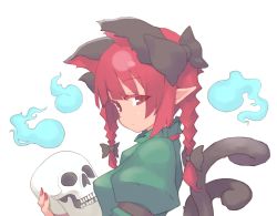 Rule 34 | 1girl, animal ears, black bow, blue fire, blunt bangs, bow, braid, cat ears, cat tail, dress, extra ears, fire, frills, from side, glowing, green dress, hair bow, hair ribbon, highres, hitodama, holding, holding skull, juliet sleeves, kaenbyou rin, long hair, long sleeves, looking at viewer, multiple tails, nail polish, nekomata, piza poteto, pointy ears, puffy sleeves, red eyes, red hair, red nails, ribbon, simple background, skull, solo, tail, touhou, transparent background, tress ribbon, twin braids, twintails, two tails, upper body