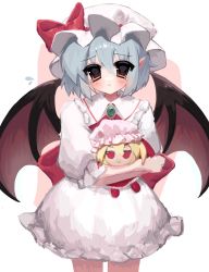 Rule 34 | 1girl, ascot, bat wings, blue hair, character doll, closed mouth, collared dress, commentary request, cowboy shot, doll, dress, flandre scarlet, frilled dress, frilled shirt collar, frilled sleeves, frills, frown, fumo (doll), hat, hat ribbon, highres, holding, holding doll, ibispaint (medium), light blue hair, mizuno (mizunomageko), mob cap, pointy ears, red ascot, red eyes, red ribbon, remilia scarlet, ribbon, tearing up, touhou, white dress, white headwear, wings