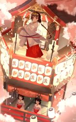 Rule 34 | 3girls, ban (one ban7241), black eyes, black hair, black ribbon, calligraphy brush, cherry blossoms, closed eyes, dancing, day, decorations, festival, flower, hair flower, hair ornament, headgear, headwear request, highres, hinamatsuri, holding, holding ribbon, japanese clothes, kimono, lantern, looking at viewer, looking down, low twintails, miko, multiple girls, obi, original, paintbrush, pants, paper lantern, parted lips, red eyes, red pants, red sash, ribbon, sash, seigaiha, shide, string, tomoe (symbol), twintails, white flower, white kimono, wooden floor, yellow flower