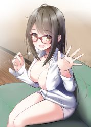 Rule 34 | 1girl, :d, absurdres, bare legs, blush, breasts, brown eyes, brown hair, cleavage, collared shirt, couch, dated, glasses, highres, holding, indoors, large breasts, legs together, long hair, long sleeves, mimikaki, nekobaka, on couch, open mouth, original, red-framed eyewear, shirt, short shorts, shorts, sidelocks, sitting, smile, solo, swept bangs, thighs, white shirt, wooden floor