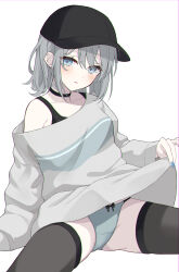 Rule 34 | 1girl, absurdres, baseball cap, black choker, black hat, black thighhighs, blue eyes, blue nails, blush, choker, clothes lift, commentary request, grey hair, hat, highres, kake udon, lifted by self, long sleeves, looking at viewer, no pants, off-shoulder sweater, off shoulder, open mouth, original, panties, partial commentary, short hair, simple background, sitting, spread legs, sweater, thighhighs, underwear, white background