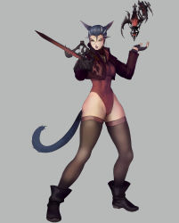 Rule 34 | 1girl, animal ears, black hair, black thighhighs, boots, breasts, cat ears, cat tail, commission, cropped jacket, final fantasy, final fantasy xiv, fingerless gloves, full body, gloves, grey background, hair between eyes, highleg, highleg leotard, jacket, leotard, medium breasts, multicolored hair, open clothes, open jacket, parted lips, rapier, red leotard, red mage (final fantasy), scarf, solo, standing, streaked hair, sword, tail, thighhighs, vincent andrada, weapon, yellow eyes