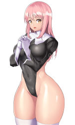 Rule 34 | 1girl, black leotard, breasts, covered navel, curvy, elbow gloves, gloves, highleg, highleg leotard, large breasts, leotard, long hair, looking at viewer, nagase haruhito, nun, original, own hands clasped, own hands together, pink hair, praying, simple background, thick thighs, thighs, white background, wide hips, yellow eyes