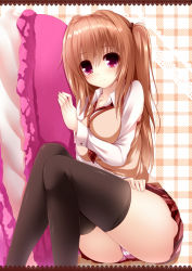 Rule 34 | 1girl, black thighhighs, blush, brown hair, cameltoe, cassini m bisuko, highres, legs, long hair, looking at viewer, original, panties, pillow, pink eyes, solo, striped clothes, striped panties, sweater vest, syroh, thighhighs, thighs, twintails, two side up, underwear