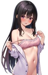 Rule 34 | 1girl, bare shoulders, black hair, blush, bra, breasts, cleavage, collarbone, frilled bra, frills, groin, hair between eyes, karutamo, long hair, long sleeves, looking at viewer, medium breasts, navel, no panties, off shoulder, open clothes, open mouth, open shirt, original, out-of-frame censoring, paid reward available, pink bra, purple eyes, shirt, simple background, solo, standing, stomach, underwear, very long hair, white background, white shirt