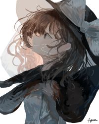 Rule 34 | 1girl, agasa (akasa anodan), black capelet, black hat, blouse, bow, brown eyes, brown hair, capelet, closed mouth, commentary, fedora, from side, hat, hat bow, highres, ribbon-trimmed capelet, shirt, short hair, signature, silhouette, solo, touhou, upper body, usami renko, wavy hair, white bow, white shirt