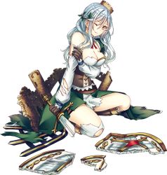 Rule 34 | 1girl, ;(, bare shoulders, blue hair, boots, breasts, broken, broken sword, broken weapon, brown footwear, cleavage, conwy (oshiro project), dress, full body, green dress, kneeling, large breasts, light blue hair, looking at viewer, official art, oshiro project:re, oshiro project:re, saijou haruki, solo, sword, torn clothes, transparent background, weapon